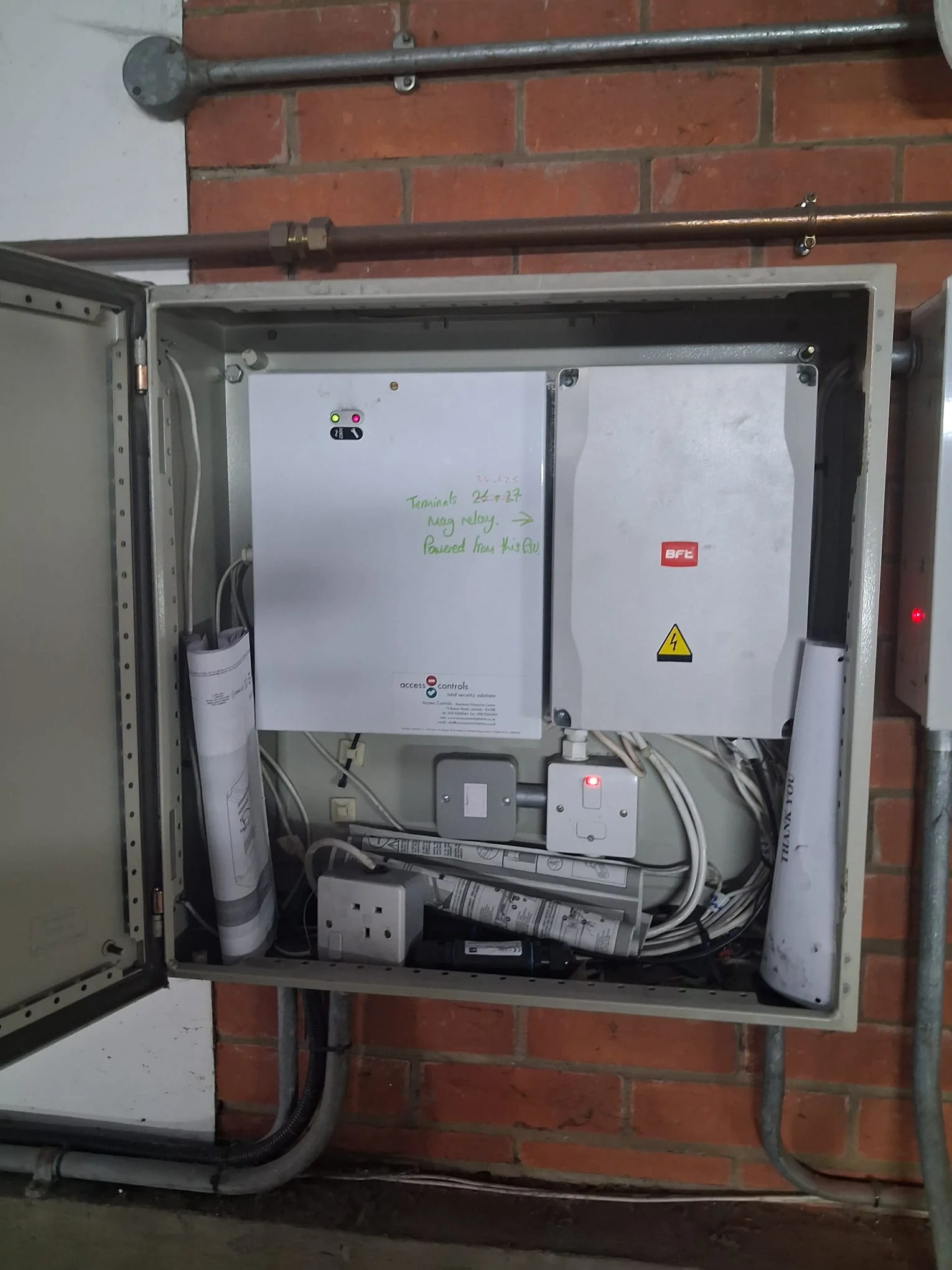 Car park electrical control box open during maintenance